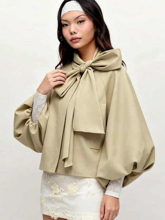 Khaki Cropped Jacket Fashion Bow Tie Collar Lantern Puff Sleeve Loose Coat 2026 Autumn Daily Dating Commuter Women's  Outerwear