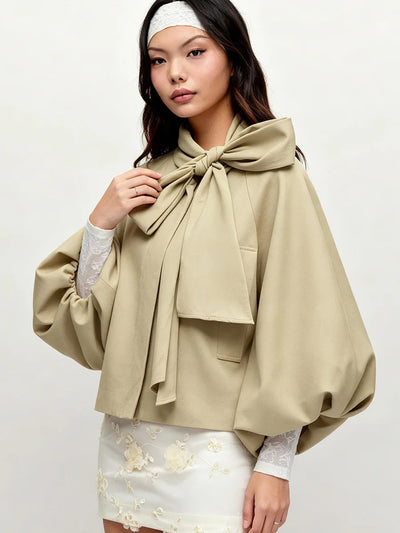 Khaki Cropped Jacket Fashion Bow Tie Collar Lantern Puff Sleeve Loose Coat 2026 Autumn Daily Dating Commuter Women's  Outerwear
