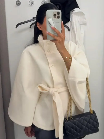 PRINTKAOIR Women's Poncho Coats Vintage Stand Collar Belt Button Lace Up Full Sleeve Overcoat Female Autumn New Lady Streetwears