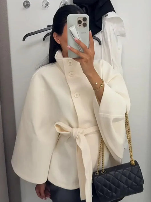 PRINTKAOIR Women's Poncho Coats Vintage Stand Collar Belt Button Lace Up Full Sleeve Overcoat Female Autumn New Lady Streetwears