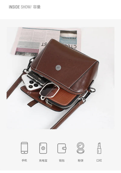Women's Small Phone Bag Fashionable Oil Wax Cowhide Leather Handbag Versatile and Simple Shoulder Bag High Quality Crossbody Bag