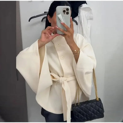 PRINTKAOIR Women's Poncho Coats Vintage Stand Collar Belt Button Lace Up Full Sleeve Overcoat Female Autumn New Lady Streetwears