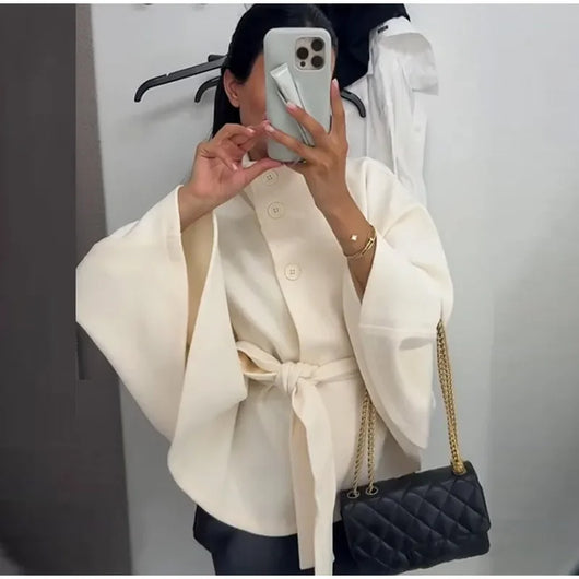 PRINTKAOIR Women's Poncho Coats Vintage Stand Collar Belt Button Lace Up Full Sleeve Overcoat Female Autumn New Lady Streetwears