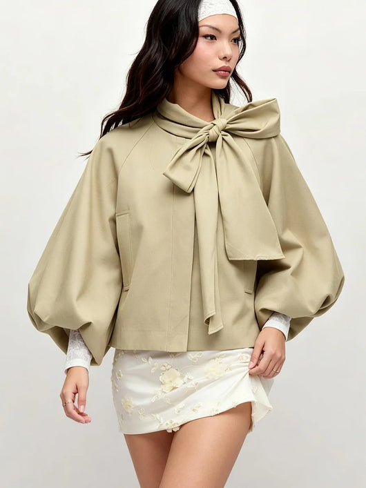 Khaki Cropped Jacket Fashion Bow Tie Collar Lantern Puff Sleeve Loose Coat 2026 Autumn Daily Dating Commuter Women's  Outerwear