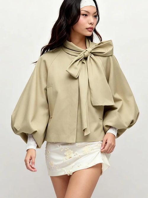 Khaki Cropped Jacket Fashion Bow Tie Collar Lantern Puff Sleeve Loose Coat 2026 Autumn Daily Dating Commuter Women's  Outerwear
