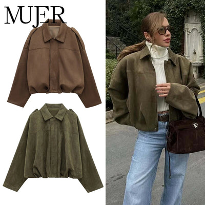 MUJER Faux Suede Bomber Jackets for Women Zip Oversized Jacket Woman Outerwears Padded Varsity Jackets Streetwear Women's Coats