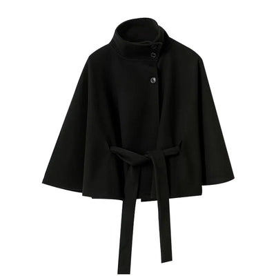 PRINTKAOIR Women's Poncho Coats Vintage Stand Collar Belt Button Lace Up Full Sleeve Overcoat Female Autumn New Lady Streetwears