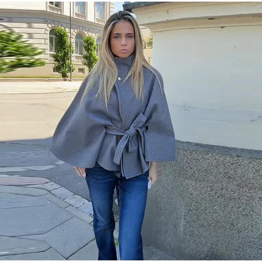 PRINTKAOIR Women's Poncho Coats Vintage Stand Collar Belt Button Lace Up Full Sleeve Overcoat Female Autumn New Lady Streetwears
