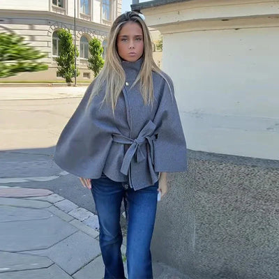 PRINTKAOIR Women's Poncho Coats Vintage Stand Collar Belt Button Lace Up Full Sleeve Overcoat Female Autumn New Lady Streetwears