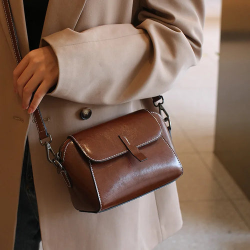 Women's Small Phone Bag Fashionable Oil Wax Cowhide Leather Handbag Versatile and Simple Shoulder Bag High Quality Crossbody Bag