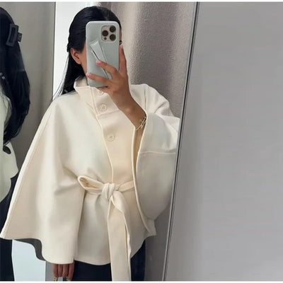 PRINTKAOIR Women's Poncho Coats Vintage Stand Collar Belt Button Lace Up Full Sleeve Overcoat Female Autumn New Lady Streetwears