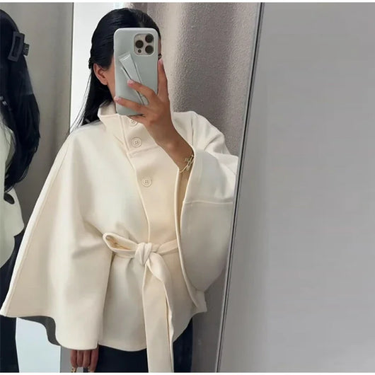 PRINTKAOIR Women's Poncho Coats Vintage Stand Collar Belt Button Lace Up Full Sleeve Overcoat Female Autumn New Lady Streetwears