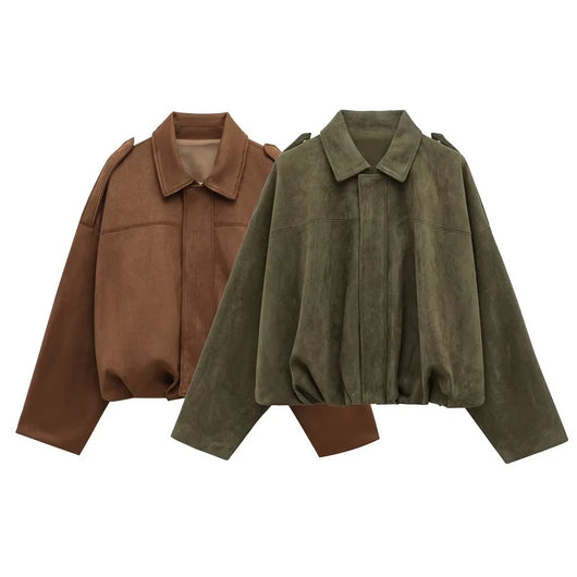 MUJER Faux Suede Bomber Jackets for Women Zip Oversized Jacket Woman Outerwears Padded Varsity Jackets Streetwear Women's Coats