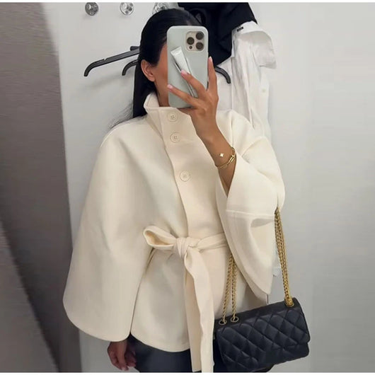 PRINTKAOIR Women's Poncho Coats Vintage Stand Collar Belt Button Lace Up Full Sleeve Overcoat Female Autumn New Lady Streetwears