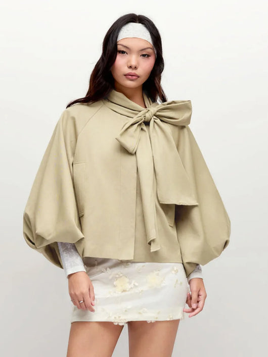 Khaki Cropped Jacket Fashion Bow Tie Collar Lantern Puff Sleeve Loose Coat 2026 Autumn Daily Dating Commuter Women's  Outerwear