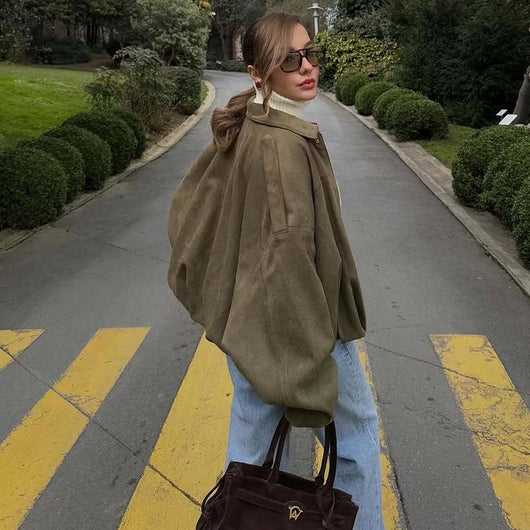 MUJER Faux Suede Bomber Jackets for Women Zip Oversized Jacket Woman Outerwears Padded Varsity Jackets Streetwear Women's Coats