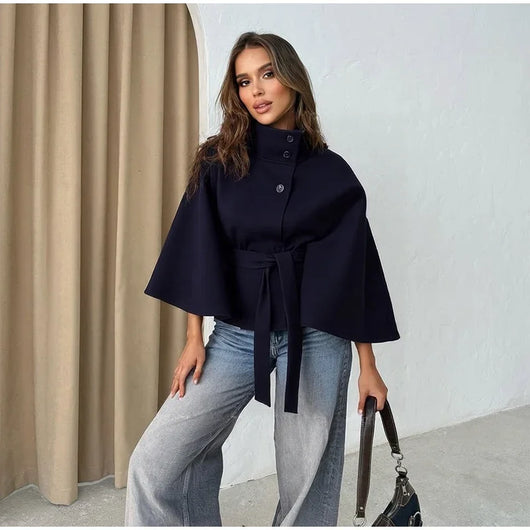PRINTKAOIR Women's Poncho Coats Vintage Stand Collar Belt Button Lace Up Full Sleeve Overcoat Female Autumn New Lady Streetwears