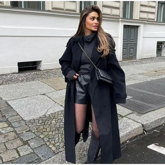 Elegant With Belt Black Long Coat For Women Oversize Woolen Double Button Lapel Overcoat Autumn New Lady High Street Outerwear