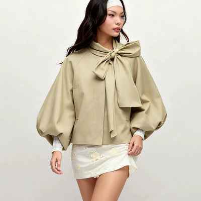 Khaki Cropped Jacket Fashion Bow Tie Collar Lantern Puff Sleeve Loose Coat 2026 Autumn Daily Dating Commuter Women's  Outerwear