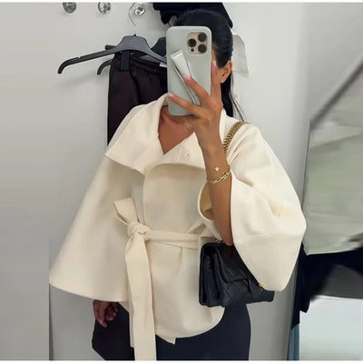 PRINTKAOIR Women's Poncho Coats Vintage Stand Collar Belt Button Lace Up Full Sleeve Overcoat Female Autumn New Lady Streetwears