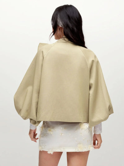 Khaki Cropped Jacket Fashion Bow Tie Collar Lantern Puff Sleeve Loose Coat 2026 Autumn Daily Dating Commuter Women's  Outerwear