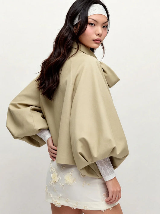 Khaki Cropped Jacket Fashion Bow Tie Collar Lantern Puff Sleeve Loose Coat 2026 Autumn Daily Dating Commuter Women's  Outerwear