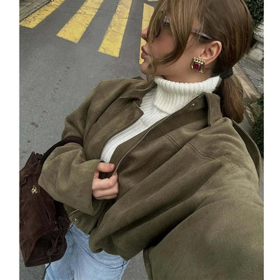 MUJER Faux Suede Bomber Jackets for Women Zip Oversized Jacket Woman Outerwears Padded Varsity Jackets Streetwear Women's Coats