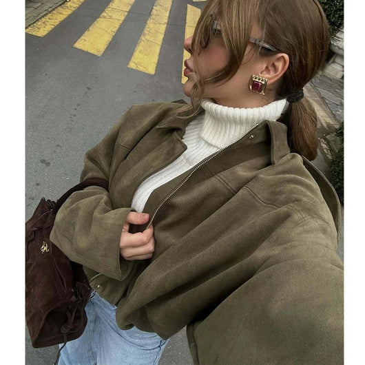 MUJER Faux Suede Bomber Jackets for Women Zip Oversized Jacket Woman Outerwears Padded Varsity Jackets Streetwear Women's Coats