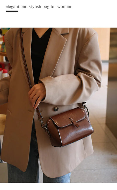 Women's Small Phone Bag Fashionable Oil Wax Cowhide Leather Handbag Versatile and Simple Shoulder Bag High Quality Crossbody Bag