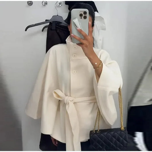 PRINTKAOIR Women's Poncho Coats Vintage Stand Collar Belt Button Lace Up Full Sleeve Overcoat Female Autumn New Lady Streetwears