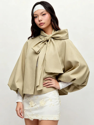Khaki Cropped Jacket Fashion Bow Tie Collar Lantern Puff Sleeve Loose Coat 2026 Autumn Daily Dating Commuter Women's  Outerwear